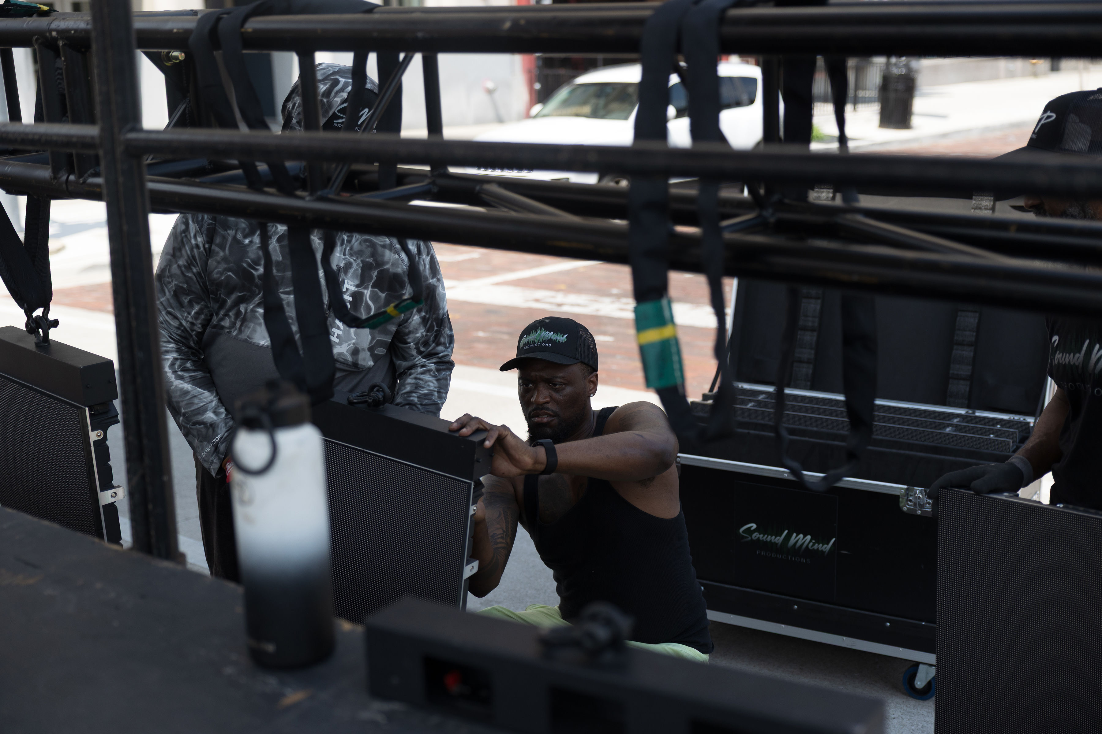 Sound Mind Productions crew near downtown Flint clock tower