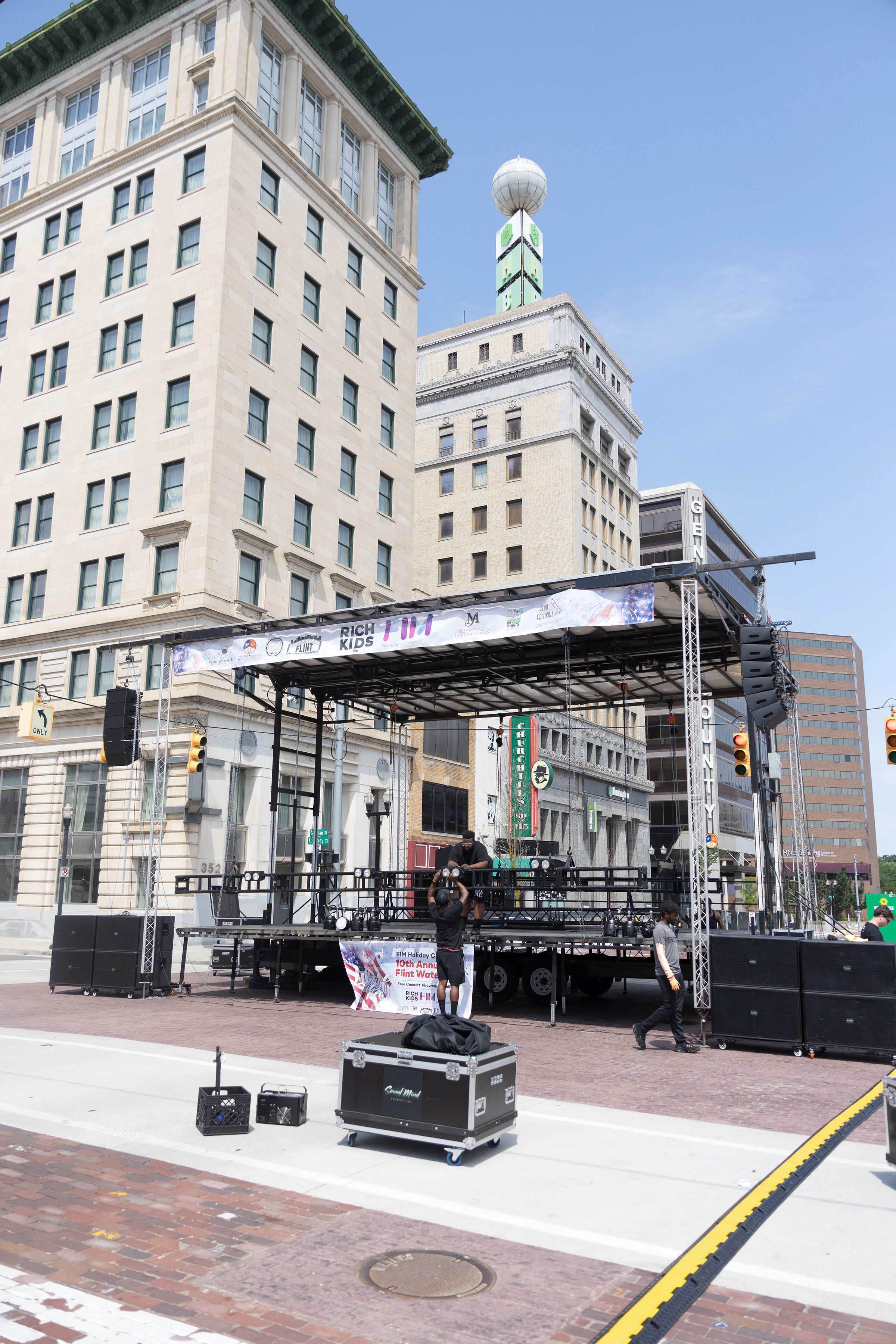 Completed stage build in downtown Flint with full skyline